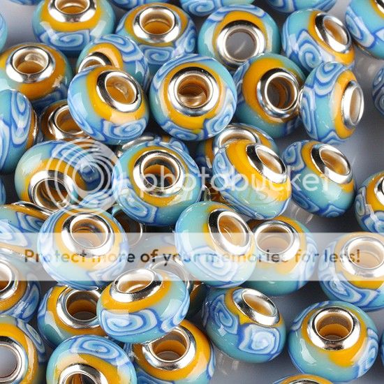 Gr145 Blue Yellow Polymer Clay Swirl European Beads 5PC  