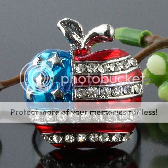   Blue Clear Austrian Crystal American Flag Apple Adjustable Finger Ring