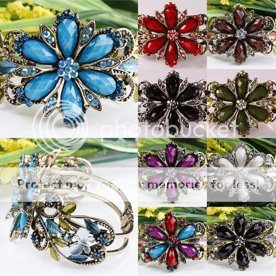 Crystal Teardrop 6 Petal Flower Cuff Bangle Bracelet  