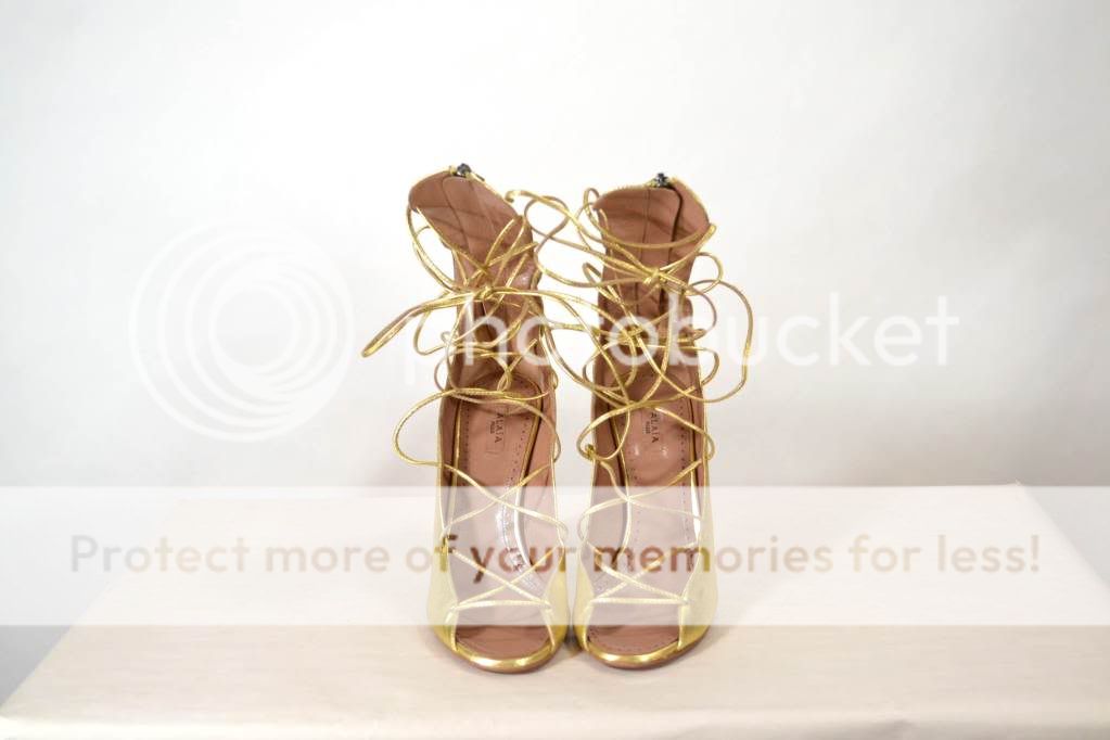 ALAIA Gold Leather Open Toe Lace Up Heels  