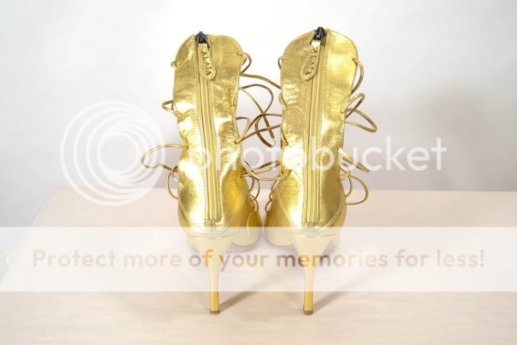 ALAIA Gold Leather Open Toe Lace Up Heels  